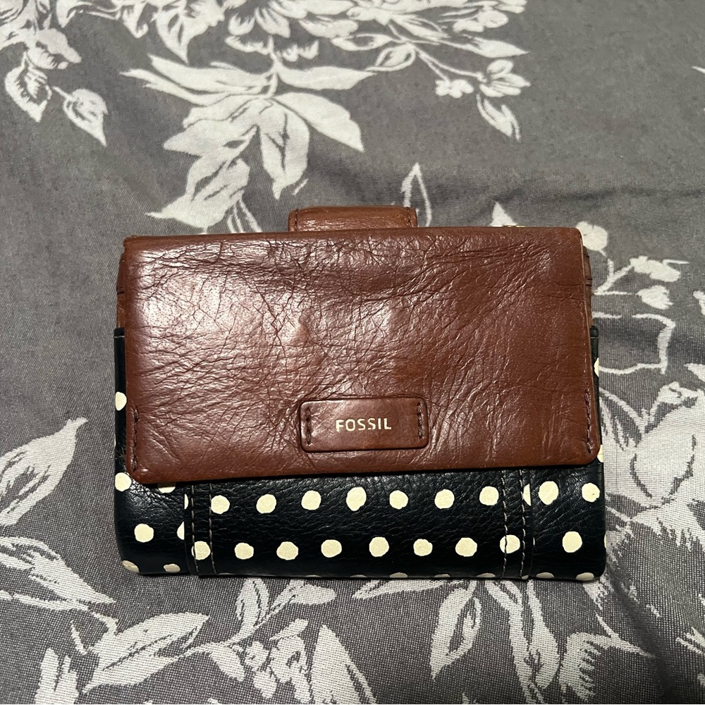 Fossil Brown Leather Wallet with Black and White Polka Dots